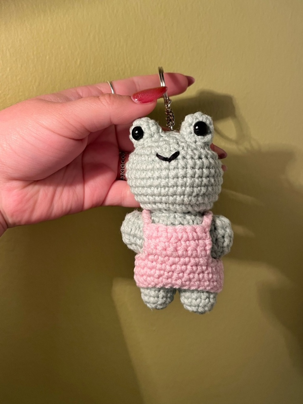 Crocheted Frog Keychain with Pink Dress